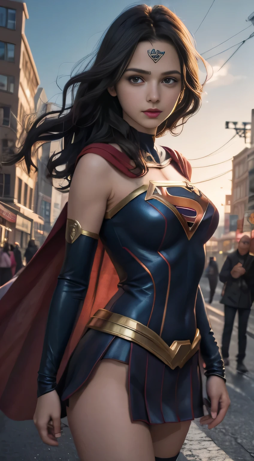 Arav woman in superhero costume standing on city street, Super Girl, Hero pose colorful city lights, gal gadot as Super Girl, emma watson as Super Girl, close up, anime visual of Super Girl, sydney sweeney, Corey Chase plays the Atlanteans, Maika Monroe Batgirl, 8K Artgerm bokeh, betty cooper, No characters, Ultra-high resolution,Black Hair, Hair shaking, victory, Long eyelashes, Solid round eye, A faint smile, ears red, direction, Surrealism, shadow, Relief, Stereogram, Standing picture, View, Atmospheric perspective, 8k, Super Detail, precise, best quality
