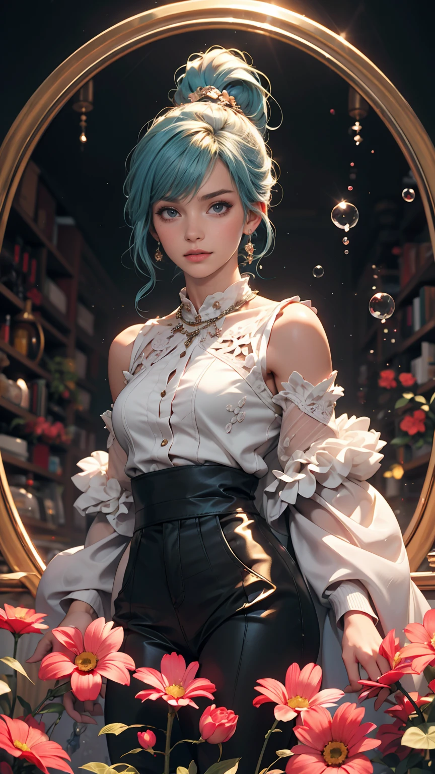 (masterpiece), (highest quality), (Super detailed),(Disheveled Hair),(figure), (One girl), (Fashionable clothes), Are standing, Fashion Model, View your viewers, (interview), (Simple Background),Beautiful fine details, Delicate and beautiful face, floating,(High saturation),(Colorful splashes),Colorful bubbles,(The Shining), Focus on the face, ponytail, kamisato ayaka, Light blue hair, bangs, Hair Ring, Floating Flowers, Floating hair, (The Shining), Best lighting, Best Shadow,