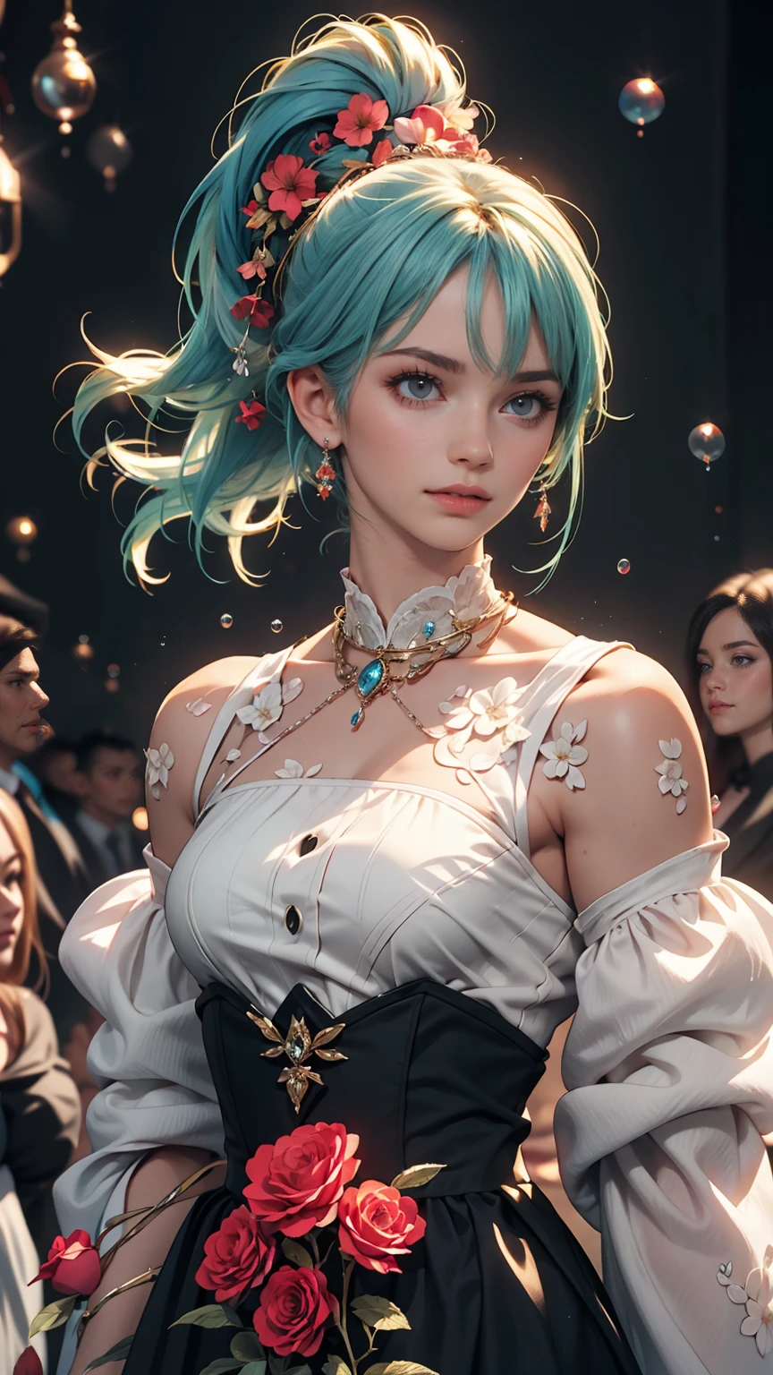 (masterpiece), (highest quality), (Super detailed),(Disheveled Hair),(figure), (One girl), (Fashionable clothes), Are standing, Fashion Model, View your viewers, (interview), (Simple Background),Beautiful fine details, Delicate and beautiful face, floating,(High saturation),(Colorful splashes),Colorful bubbles,(The Shining), Focus on the face, ponytail, kamisato ayaka, Light blue hair, bangs, Hair Ring, Floating Flowers, Floating hair, (The Shining), Best lighting, Best Shadow,
