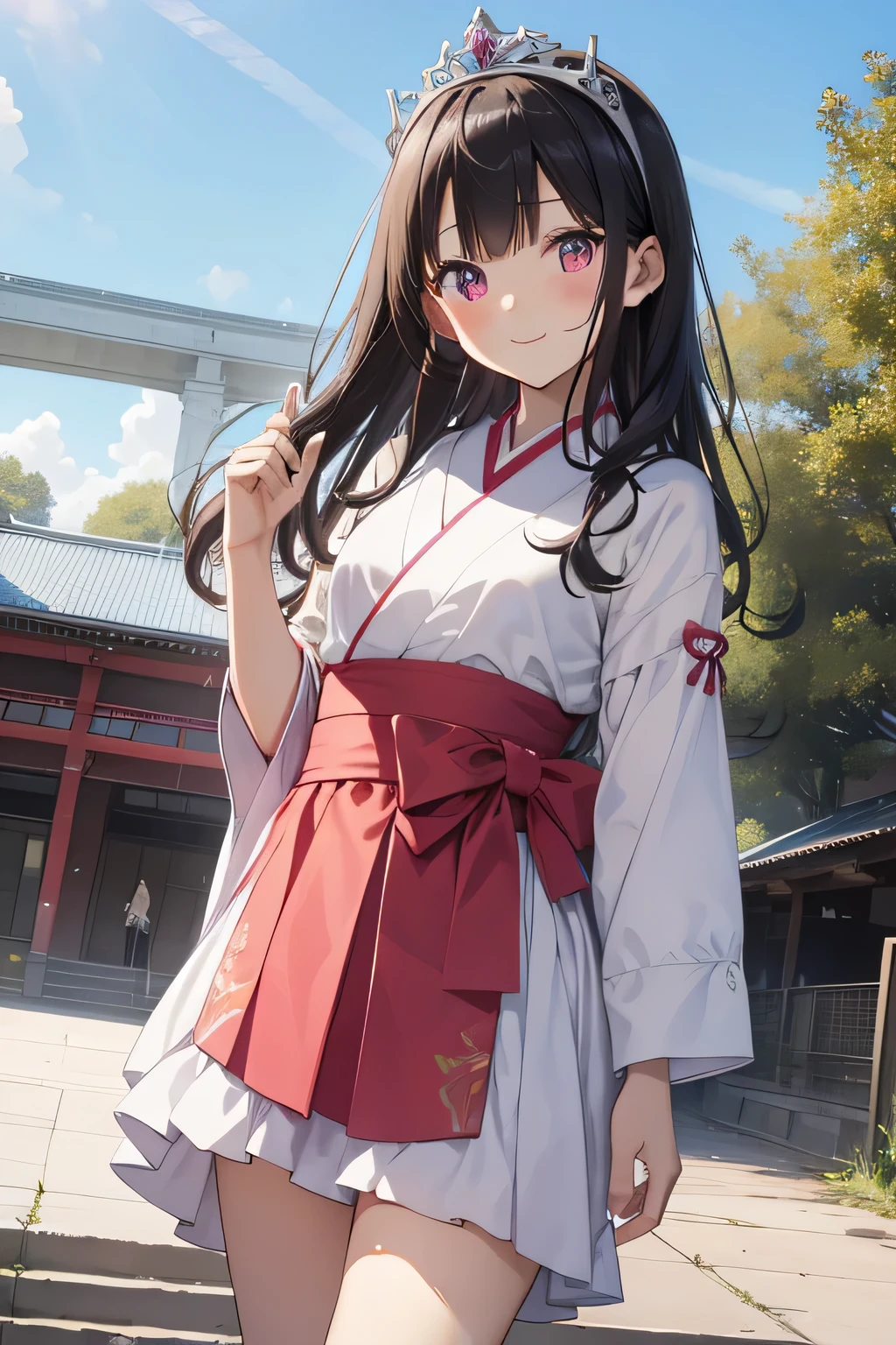 highest quality、Highest quality、Beautiful eyes、Very delicate and beautiful、Beautiful eyes、Pink Eyes、Soio、Soio、11-year-old girl、Japanese、、Chiquita、Noble、Primary school students、Black Hair、barefoot、(Professional wrestler)、(red headband)、(High leg)、Tiara on head、smile、Standing, facing forward、The background is professional wrestling