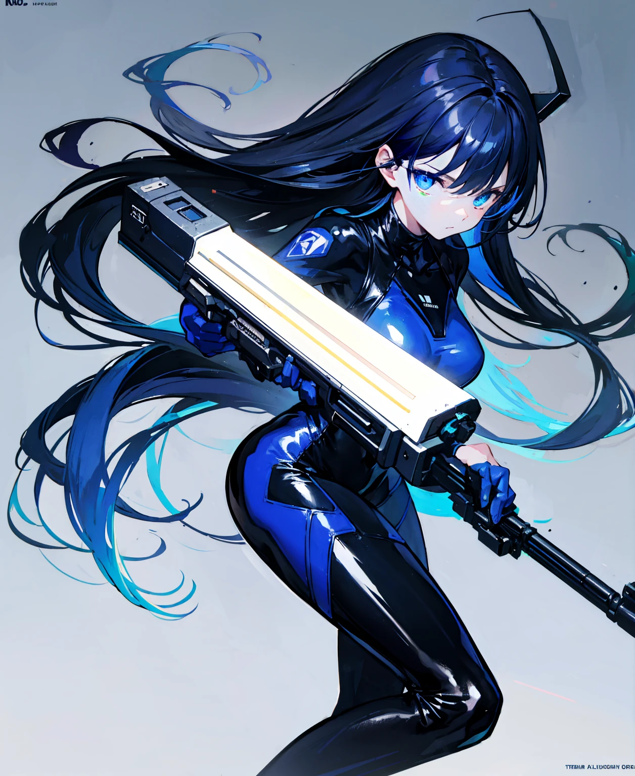 There is no background，girl，Carry a firearm，Patent leather tight suit，Use of firearms，Navy blue long hair，attention arousal，Blue colored eyes,No gradients