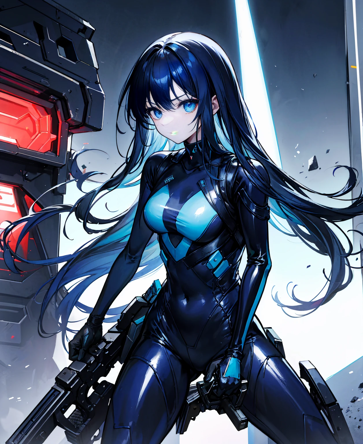 There is no background，girl，Carry a firearm，Patent leather tight suit，Use of firearms，Navy blue long hair，attention arousal，Blue colored eyes,No gradients