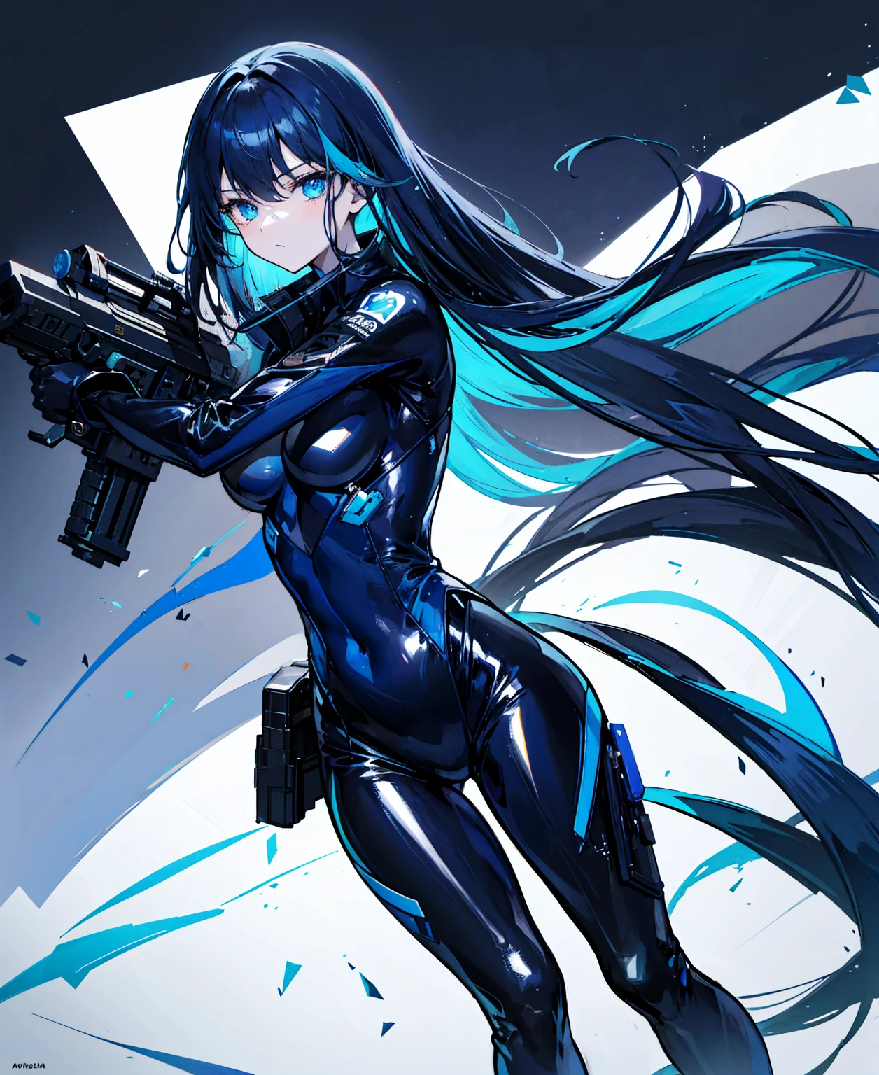 There is no background,girl,Carry a firearm,Patent leather tight suit,Use of firearms,Navy blue long hair,attention arousal,Blue colored eyes,No gradients