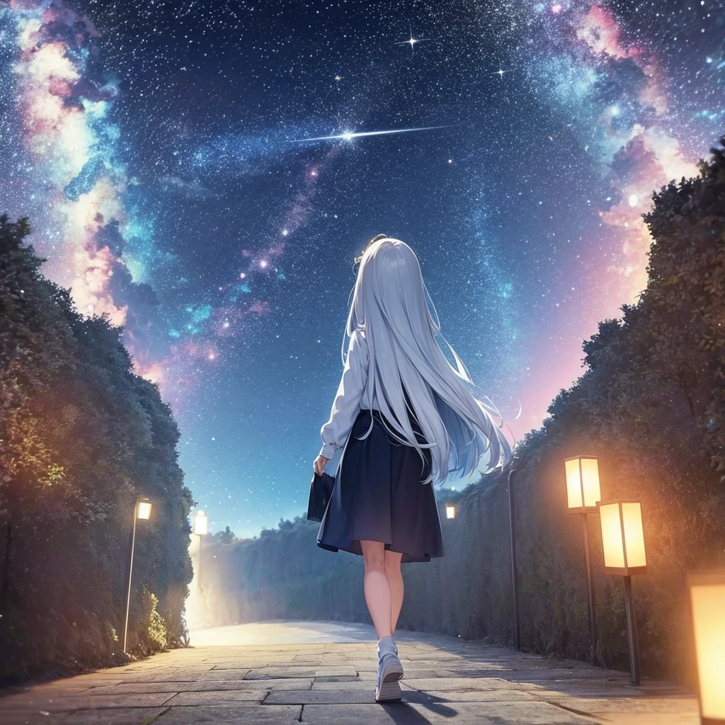 Noche estrellada. Luna llena brillante. Un largo caminonde un bosque iluminado por la luna. El bosque esta humedo debido a una lluvia anterior. En el centro del camino una chica observa la noche llena de estrellas.