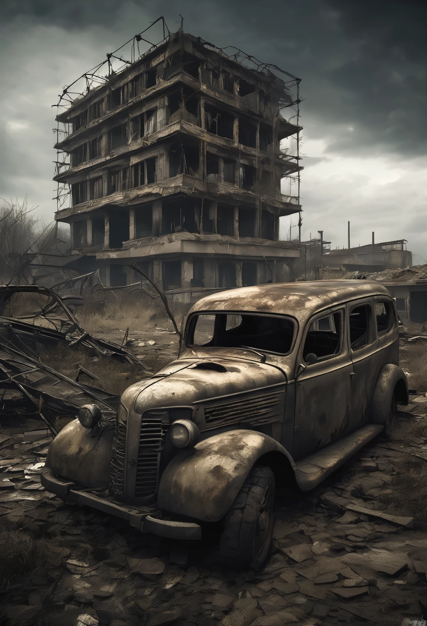 (best quality,4k,8k,highres,masterpiece:1.2),ultra-detailed,(realistic,photorealistic,photo-realistic:1.37),desolate post-apocalyptic wasteland,dramatic lighting,crumbling buildings,overgrown vegetation,decaying vehicles,scattered debris,dusty atmosphere, abandoned streets,unsettling silence,dystopian backdrop,ruined city,barren landscape,deserted civilization,ominous sky,harsh survival conditions,broken infrastructure,signs of decay,abandoned factories,apocalyptic ruins,tattered flags,deserted playgrounds,dark shadows,remnants of humanity,vast emptiness,faded memories,devoid of life,post-catastrophe remains,intense visual contrast,war-torn,desperate survivors,hauntingly beautiful,ominous atmosphere,dilapidated structures,apocalyptic wasteland scenery,desolation and isolation,forlorn hope,ravaged by time.