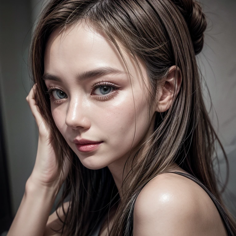 Masterpiece, best, night, full moon, 1 female, mature woman, Chinese style, ancient China, elder sister, royal sister, smile, dark brown hair, dark hair, princess cut, braid, curly hair, double ball head, pale pink Lips, calm, intellectual, medium hair, green pupils, hairpin, hydrangea, delicate face, face close-up, hand close-up