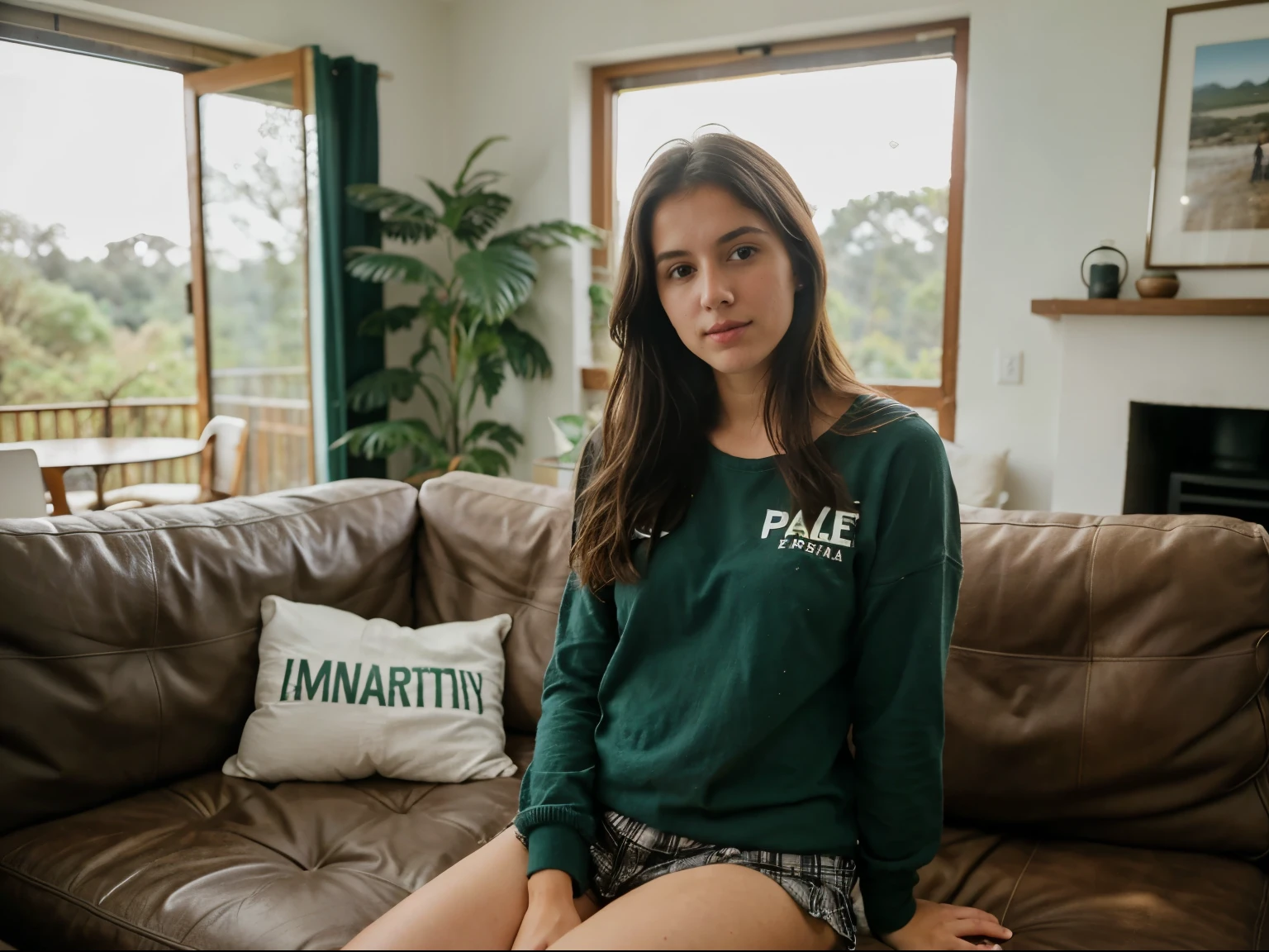 foto crua, Mulher galesa de 24 anos, Roupas casuais, Messy hair, magro, em casa, profundidade superficial de campo, (pele com alto detalhe: 1.2), 8k hd, dslr, luz suave, alta qualidade, film grain, 20mp, FUJI XT3 , 80mm, Hasselblad sitting on the sofa in the living room