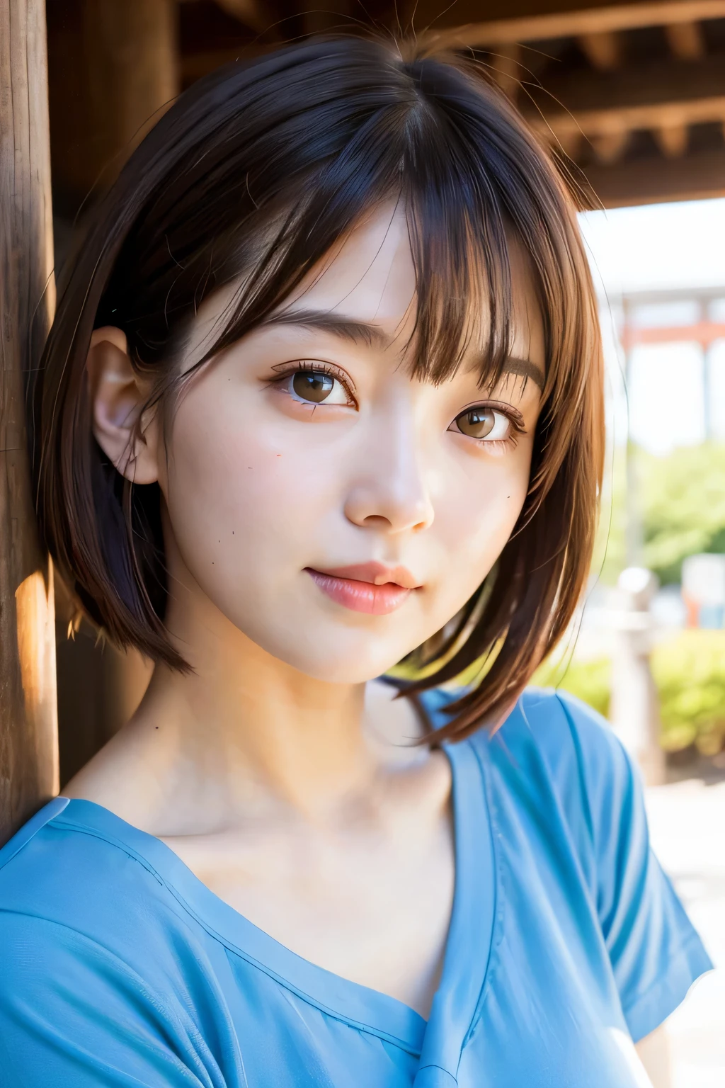 Close-up of a woman with blue top and brown hair, Girl cute beautiful face, Beautiful Japan girl face, Realistic young gravure idol, Cute - Nice - Face, Short hair, Chiho, Another close-up of Iwakura, Japanese facial features, by Torii Kiyomoto