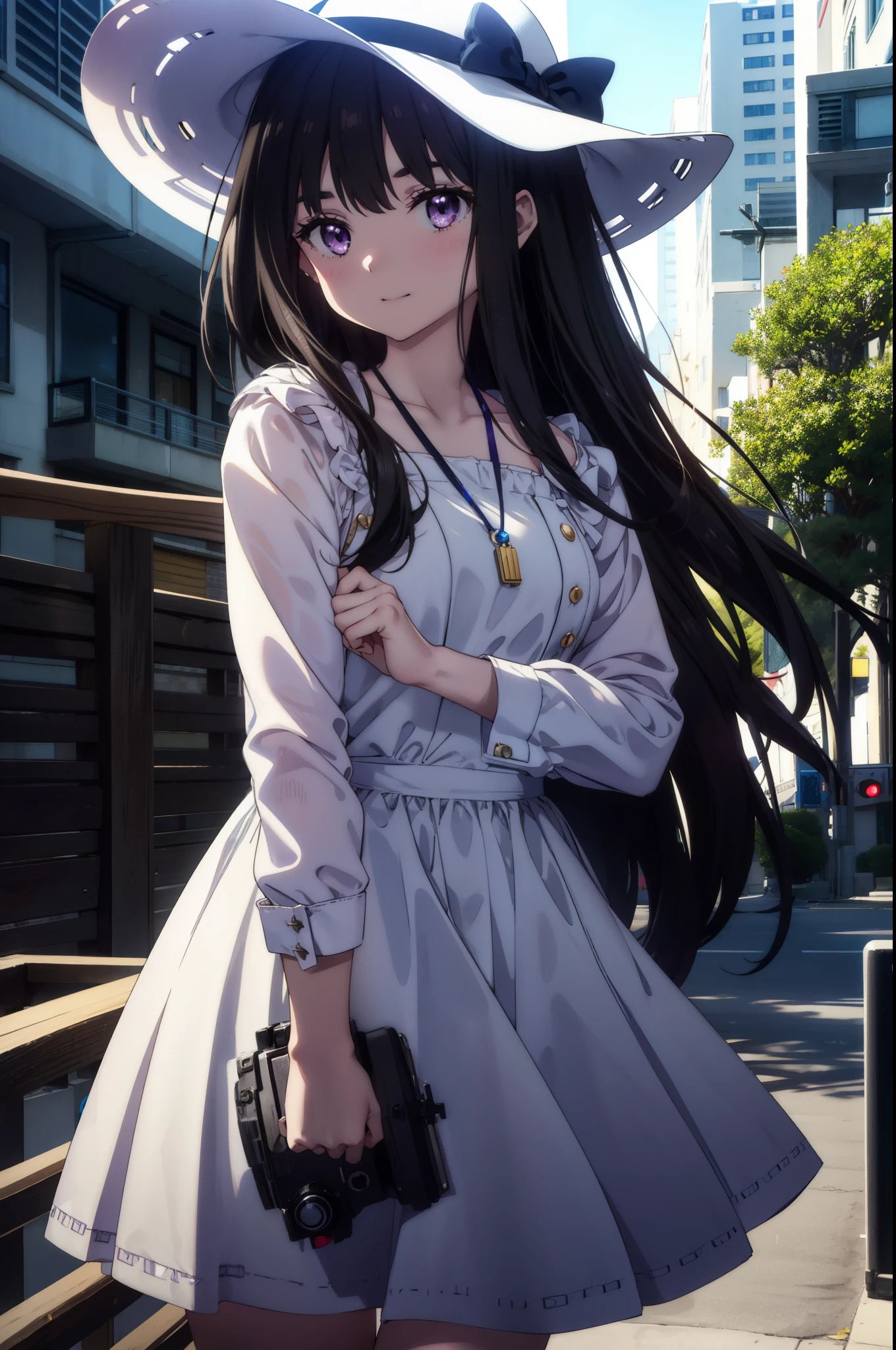 Takiuchi, Inoue Check, Long Hair, bangs, Black Hair, (Purple eyes:1.2),happy smile, smile, Open your mouth,smile,blush,Blue long skirt one-piece dress,No sleeve,Bare arms,Rocket Pendant,Cute Sandals,White hat,True Summer,Clear skies,So that the whole body goes into the illustration,
break outdoors, Coastal Road,City Street,
break looking at viewer, (Cowboy Shot:1.5),
break (masterpiece:1.2), highest quality, High resolution, unity 8k wallpaper, (figure:0.8), (Beautiful fine details:1.6), Highly detailed face, Perfect lighting, Highly detailed CG, (Perfect hands, Perfect Anatomy),