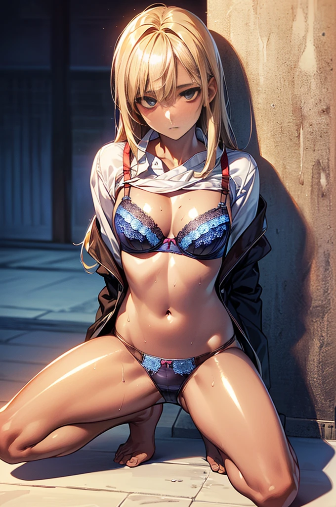 (((night,真night中))),((Dark atmosphere)),((Perfect Anatomy:1.2,Realistic:1.3,Raw photo:1.3,masterpiece、highest quality、Ultra - High resolution、High resolution、Extremely detailed CG、8k)),((attractive way to sit)),((((Crouching pose)))),1 female,alone,18-year-old、High school girl beautiful girl,Japanese,((Beautiful and exquisite face and eyes:1.2,Big beautiful eyes:1.0,)),(Brighten your eyes),((Beautiful woman))、((Blonde)),Long Hair,(Center parted hair:1.4,amount),Medium chest,((slim body)),Small Head:1.3,skinny,(Brown Skin:1.8),(Oily skin,Glowing Skin,Shiny skin,Sweat:1.2),(((school uniform、Dark blue blazer jacket、((White Shirt))、Checkered pleated mini skirt))),(prostitution),((show off bra:1.2)),Dirty back alley、Tokyo、((Turn your body forward)),(lonely),((Feeling melancholy))、Stick out your crotch、(Apathy)，(Lucky)、((Expressionless))、(Feel the shadows)、break,(((satin bra)))、(((Satin panties)))、(shiny bra:2)，(Shiny panties:2)、((Bra and panties are the same color))