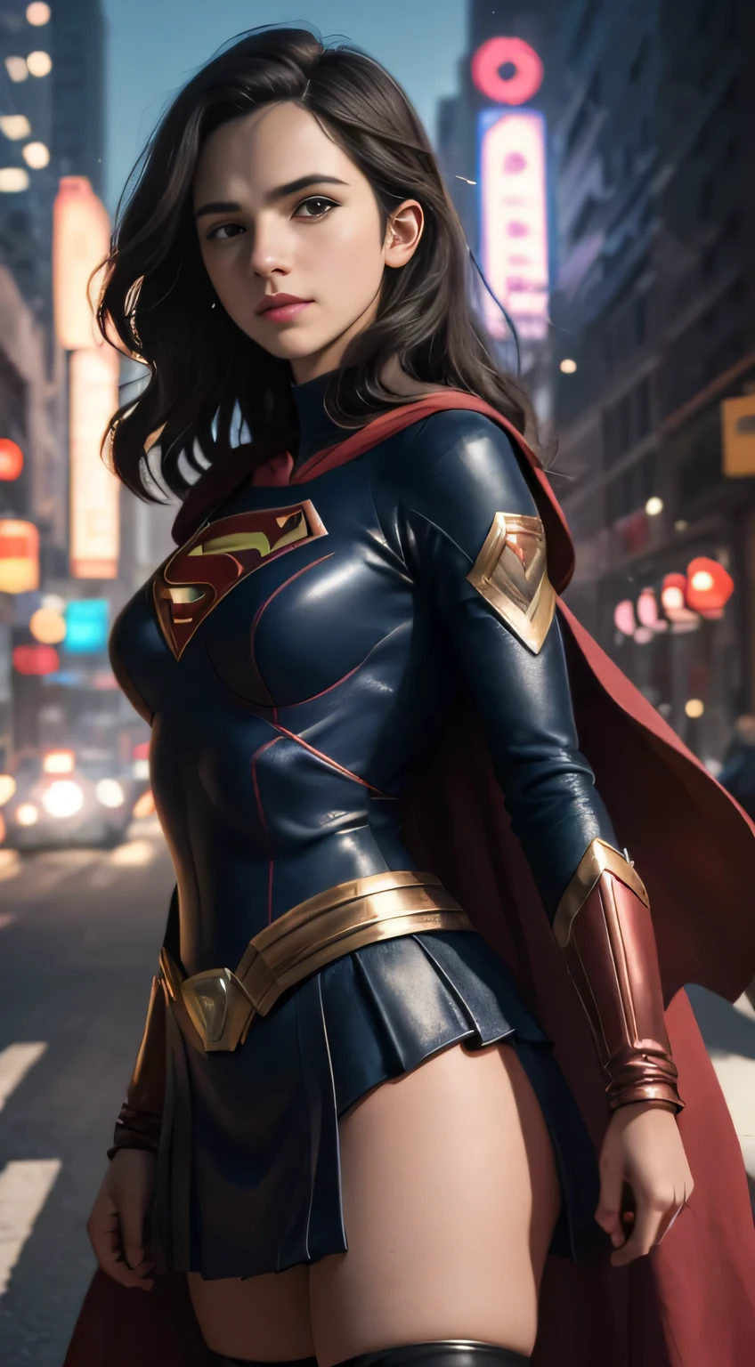 Arav woman in superhero costume standing on city street, Super Girl, Hero pose colorful city lights, gal gadot as Super Girl, emma watson as Super Girl, close up, anime visual of Super Girl, sydney sweeney, Corey Chase plays the Atlanteans, Maika Monroe Batgirl, 8K Artgerm bokeh, betty cooper, No characters, Ultra-high resolution，Black Hair, Hair shaking, victory, Long eyelashes, Solid round eye, A faint smile, ears red, direction, Surrealism, shadow, Relief, Stereogram, Standing picture, View, Atmospheric perspective, 8k, Super Detail, precise, best quality