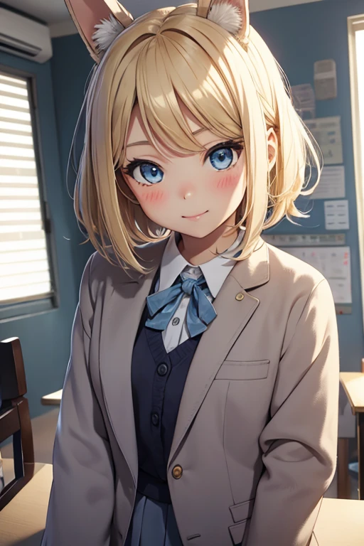 Photo of beautiful jpn-gyaru, masterpiece, 1 girl,
((8 years old girl:1.5)), (blue eyes, blonde bob hair: 1.2), small breasts, seductive smile,blush stickers, (school uniform,gray blazer,  gray skirt, blouse), bayside, shore, on the beach, cowboy shot, bunny ears,