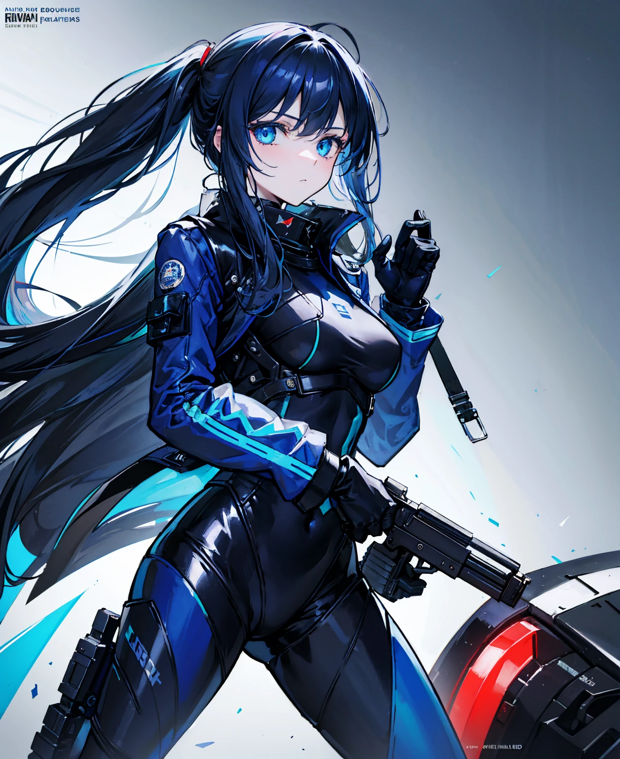 There is no background,girl,Carry a firearm,Patent leather tight suit,Use of firearms,Navy blue long hair,attention arousal,Blue colored eyes,No gradients