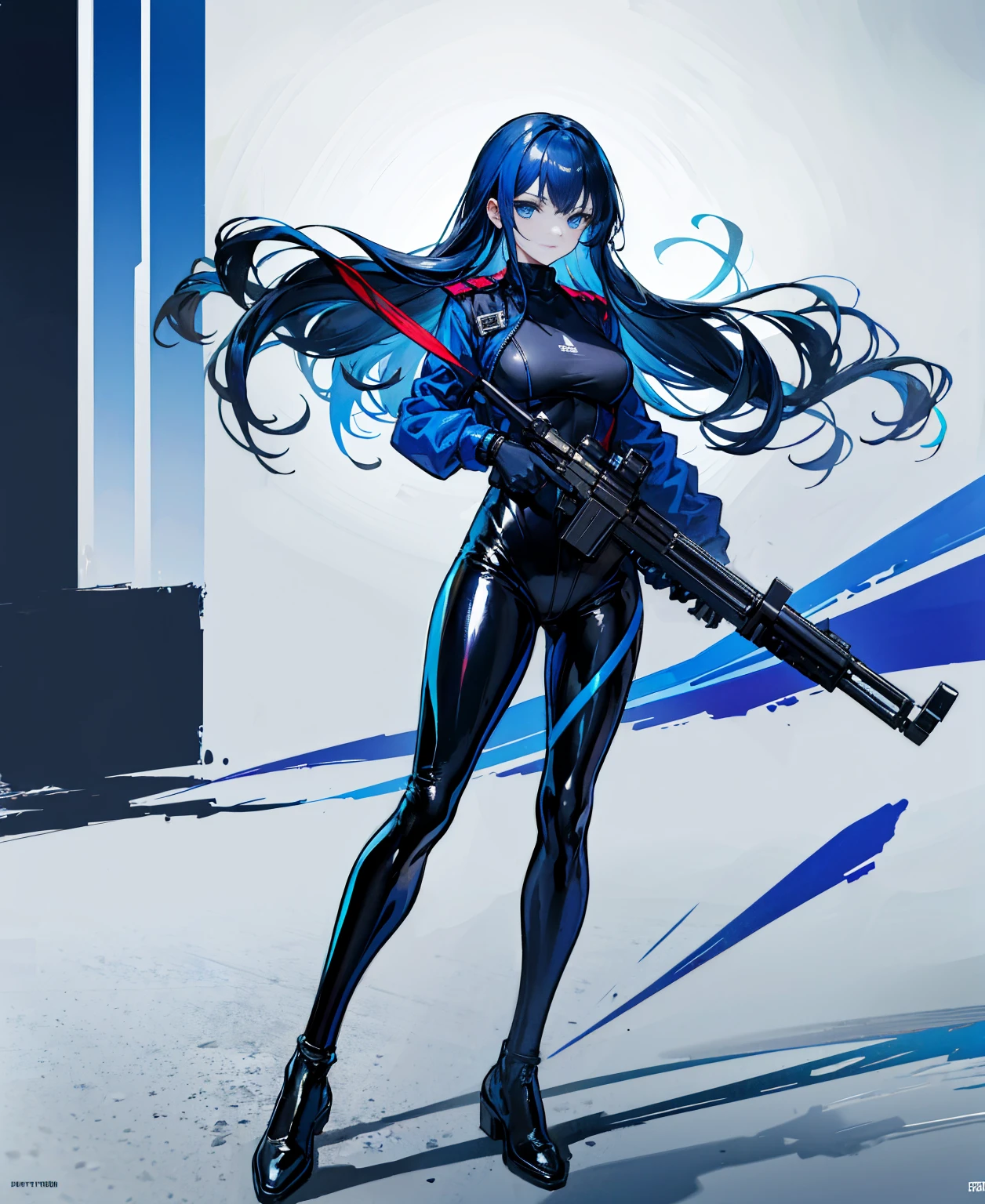 There is no background,girl,Carry a firearm,Patent leather tight suit,Use of firearms,Navy blue long hair,attention arousal,Blue colored eyes,No gradients