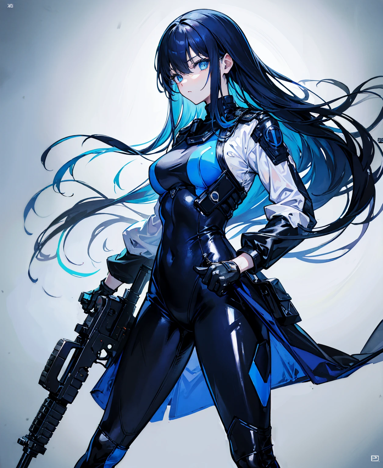 There is no background,girl,Carry a firearm,Patent leather tight suit,Use of firearms,Navy blue long hair,attention arousal,Blue colored eyes,No gradients