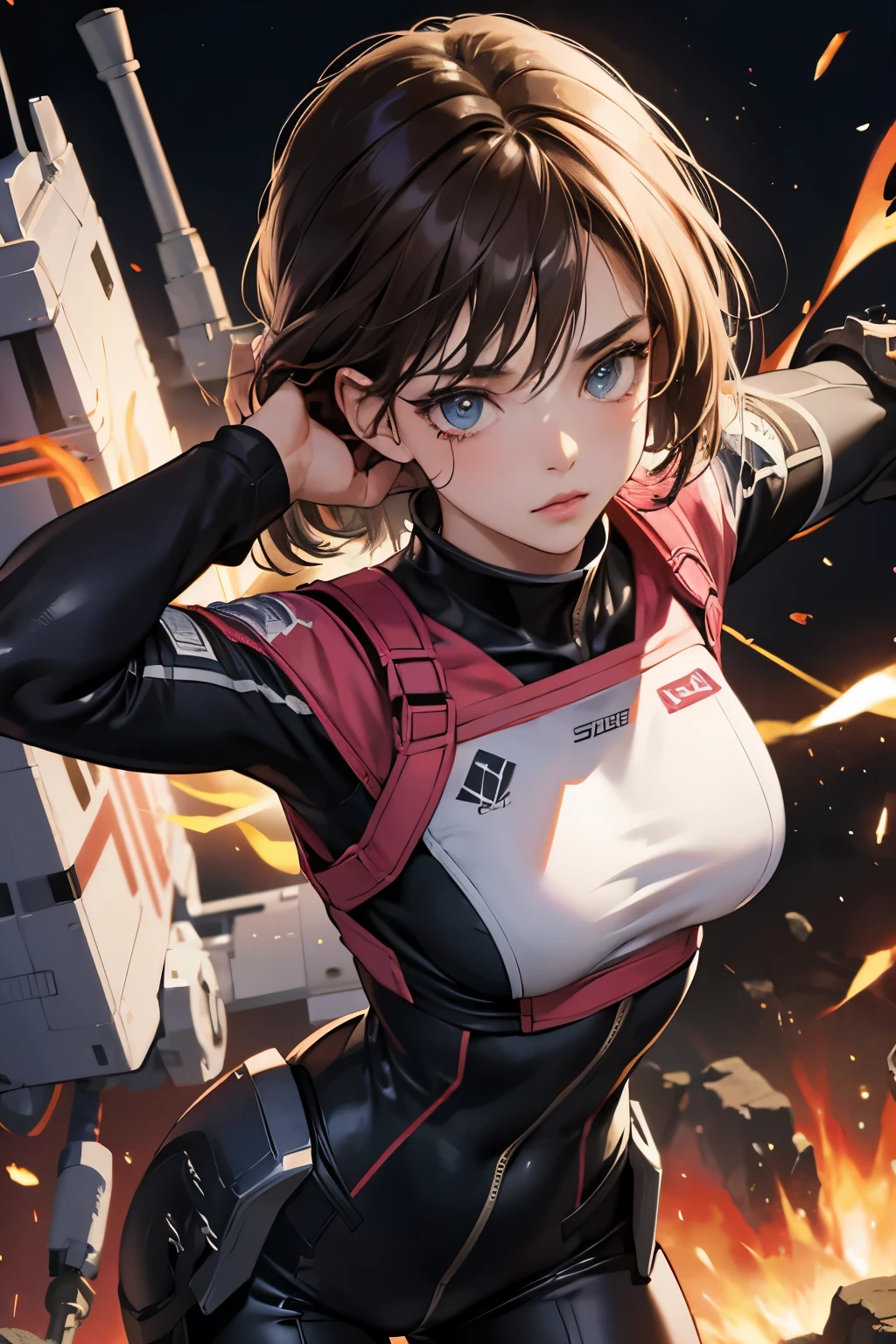 (absurdres, highres, ultra detailed),Masterpiece,intricate details,Best quality,8k,Realistic face,anime girl,Realistic skin texture,magnified textures, stunning clarity, ultra detailed eyes and faces,dark brown hair,layered bob,pink extention,Japanese girl,15 years old,(tanned skin:1.2),(having energy weapons),(spacecraft),cowboy shot,piercing eyes,tight rubber suit,fighting pose,look at viewer,big breasts,