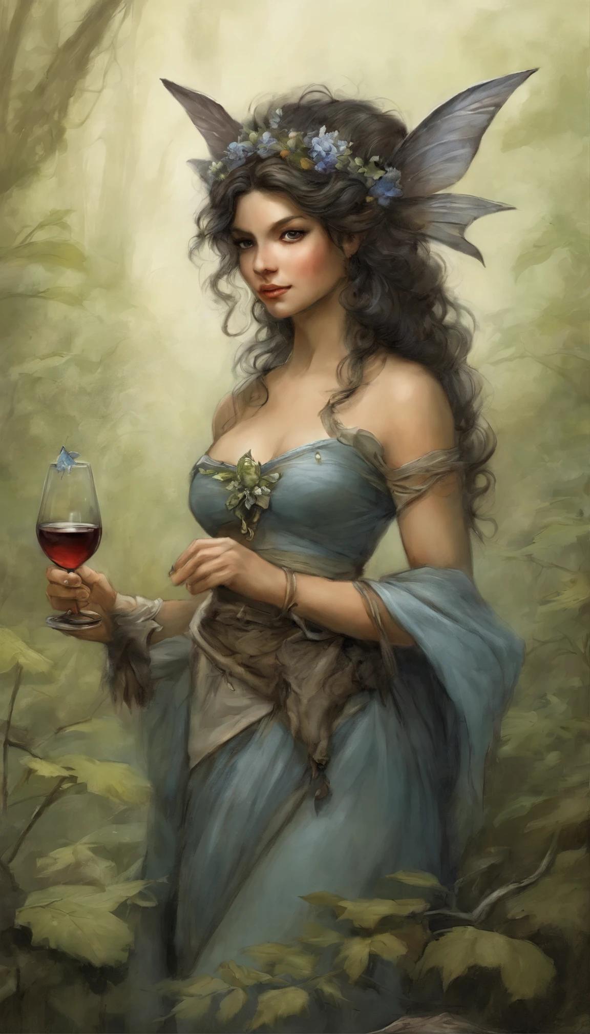 realism, dark fantasy style, John Tolkien style, Small painting by Jean-Baptiste Monge,    Close-up angle of cute tiny fireflies, illuminating the bush, a Detailed painting, cgsociety, Detailed painting, Artstation HD, High detail, cgsociety, photorealism, conceptual art, Artstation HD, official art, hips, In the foreground ,Fairy with a glass of wine, black hair , pointed ears, fairy girl , Blue eyes , a small nose and a glass of wine,  Jean-Baptiste Monge, anthropomorphic --ar 2:3 --testp - optimistic ,Best quality, masterpiece, in the style of dark fantasy art  ,Jean-Baptiste Monge, anthropomorphic --ar 2:3 --testp - optimistic;   ,art by Casimir, illustration of fairy shigenori soejima, Boris Vallejo. Detailed drawing of an anime character, detailed anime key figure, Granblue Fantasy, Taise Roman, A clear portrait of a role-playing game, Masamune Shiro, key cartoon figure of a fairy in a dress with a glass of wine in her hands, cartoon style