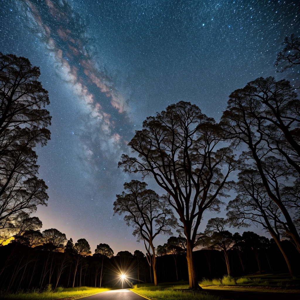 Noche estrellada. Luna llena brillante. Un largo camino de un bosque iluminado por la luna. El bosque esta humedo debido a una lluvia anterior. En el centro del camino una chica observa la noche llena de estrellas.