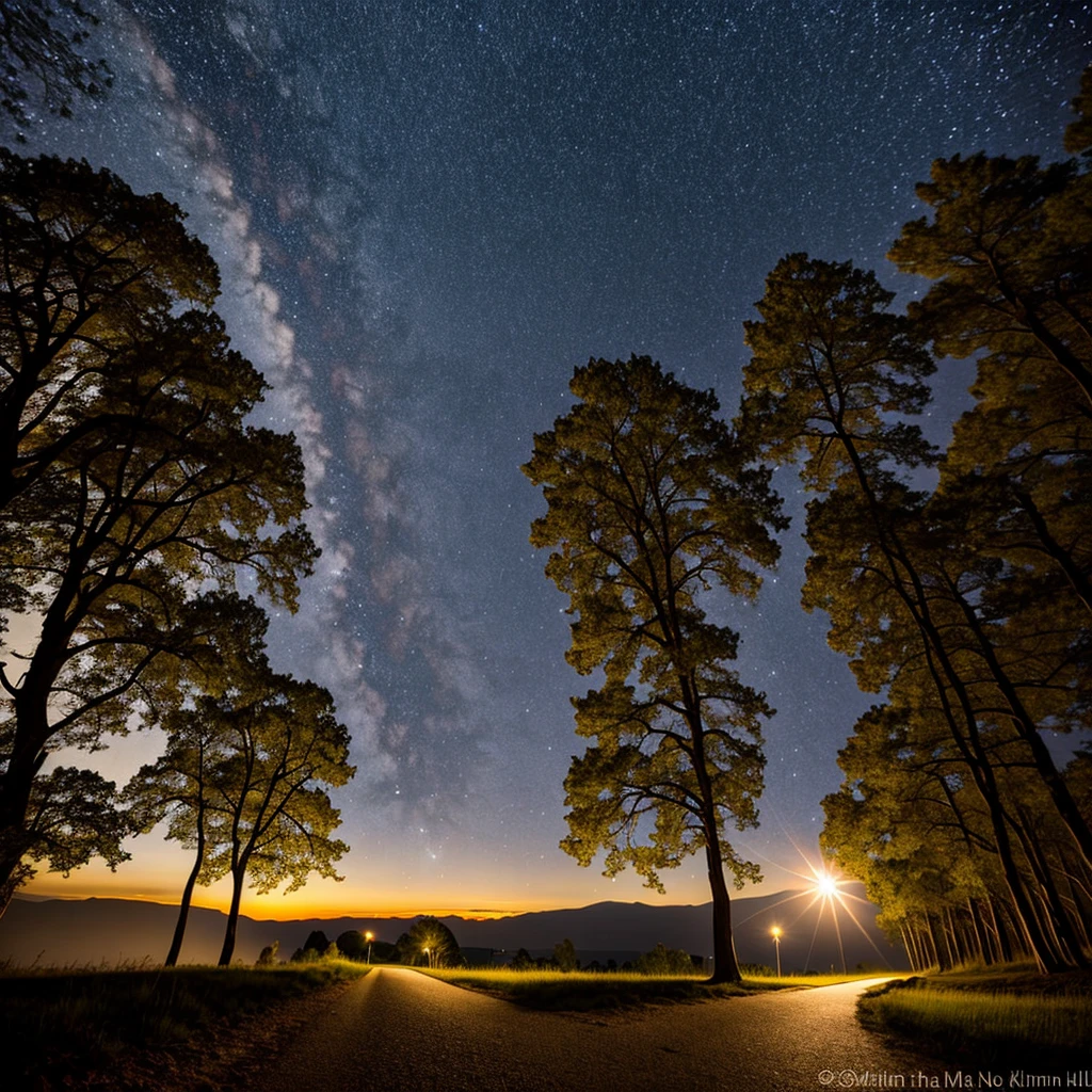 Noche estrellada. Luna llena brillante. Un largo camino de un bosque iluminado por la luna. El bosque esta humedo debido a una lluvia anterior. En el centro del camino una chica observa la noche llena de estrellas.