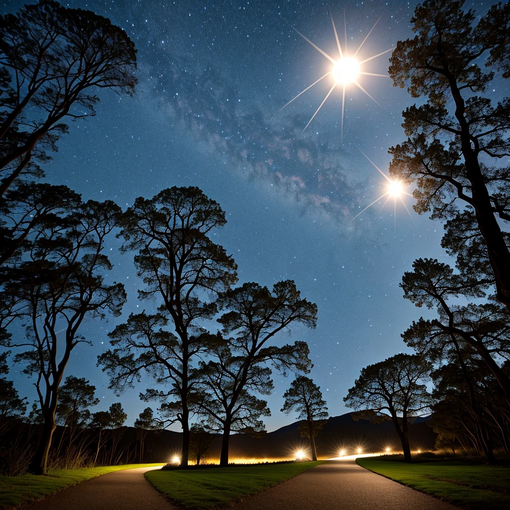 Noche estrellada. Luna llena brillante. Un largo camino de un bosque iluminado por la luna. El bosque esta humedo debido a una lluvia anterior. En el centro del camino una chica observa la noche llena de estrellas.
