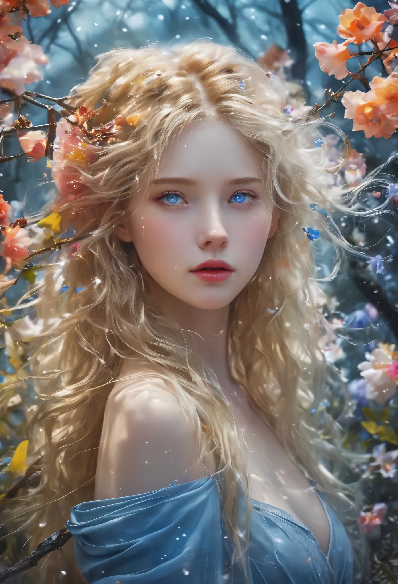 (covered with flowers:1.4), (1 Girl), blue eyes, Night Sky, joint, (Raw meat:1.3), (Blonde hair:1.3), interested in, Fire and Ice, (The image is split in half，Available in a variety of colors:2), (Gear attached to the body:1.2), Gold Plate, blue eyes, sapphire, liquid metal, Night Sky, (Look at an angle:1.3), (Fire and Ice), ((Laer Chrome)), (Hairpin:1.4), (forest:1.3), (FOG:1.3)