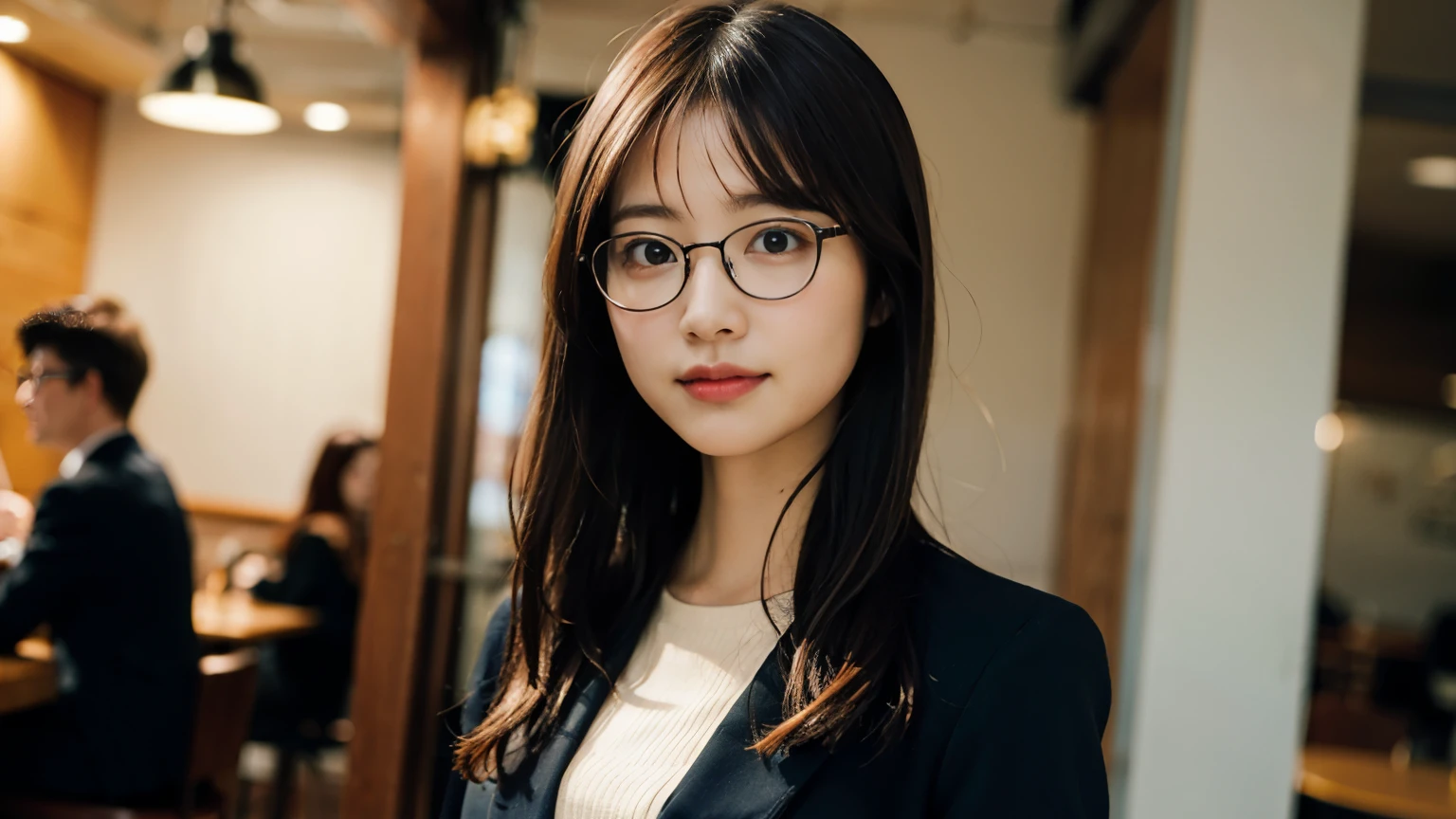 (8k、Raw photo、highest quality、masterpiece:1.2)、(Realistic、Photorealistic:1.37)、Ultra-detailed、超A high resolution、1 girl、Seeing the viewer、Beautifully detailed face、Laughter、narrow、(Narrow waist) :1.3)、Hair length、beautiful detailed skin、Skin Texture、floating hair、Wearing a suit、Professional Lighting、In the office、Black-rimmed square glasses 、Human whole body、brown hair、Photographed inside the cafe