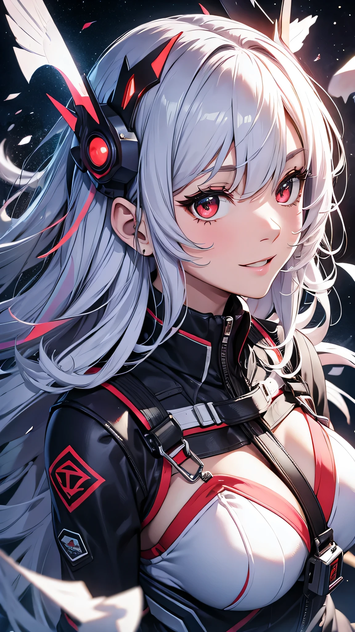 最high quality、Best image quality、masterpiece、girl((18-year-old、 By becoming、Best Bust、Medium Bust,Wide open breast tea、Red glowing eyes,Silver Hair、Disheveled Hair、Long Hair、thin,The highest valley、Open chest、White wristband、smile、hair ornamentany accessories、Black space suit、red body line、Angle from directly above、Disheveled clothing、Show the whole body,Floating State、Excited face)),high quality、Beautiful art、background((Institute for Space Research))、Flight、Flying debris、Written boundary depth、movie、Visual Arts、Perfect art、8K,Genuine、depth((Earth))