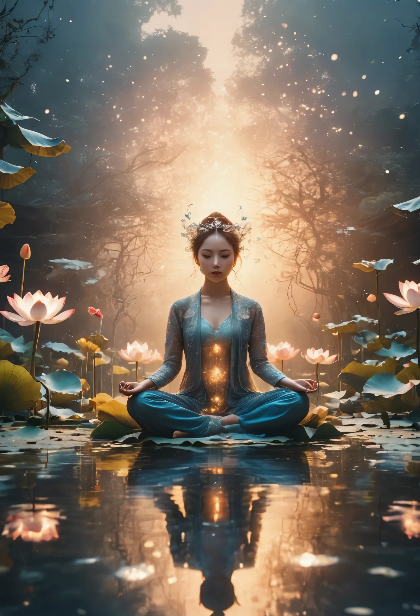 Full body photography of girl in lotus pose,Raw, movie shot, (Sharp focus:1.5), (Reality:1.4), Dusk lighting, Volumetric Lighting, Ultra-high resolution,Dramatic Lighting, White background,(Zentangle,Mandala,Tangle,Entanglement), Fox Demon,Fox Mask,Short coat, Foxfire Curse, fox family, Transformation, Depth of Field, dreamy atmosphere, Chaos in its most beautiful form, grace, Brutalist design dark theme, Flower of Death, Flowers of ecstasy,Glowing Line,Glow Example,Tracking example,flash, Backlight,translucent,Light Particles
