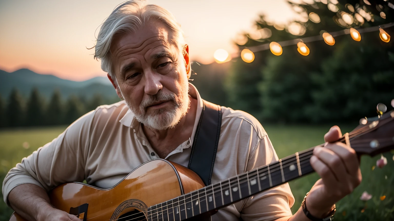 ((best quality)), ((masterpiece)),(detail), perfect face, full body shot of a old man playing the guitarat a sparkling camping night, white hair, rose petals flying across the sky, with setting sun, romantic style, retro vintage and romanticism, blurred background image, sunset light, golden sunshine, roses, very lots of flying flower petals, rose petals stuck in hair, warm orange background color, subject takes up 1/3 of the frame, hyper-realistic photos, 8k, ultra high resolution, sharp faces