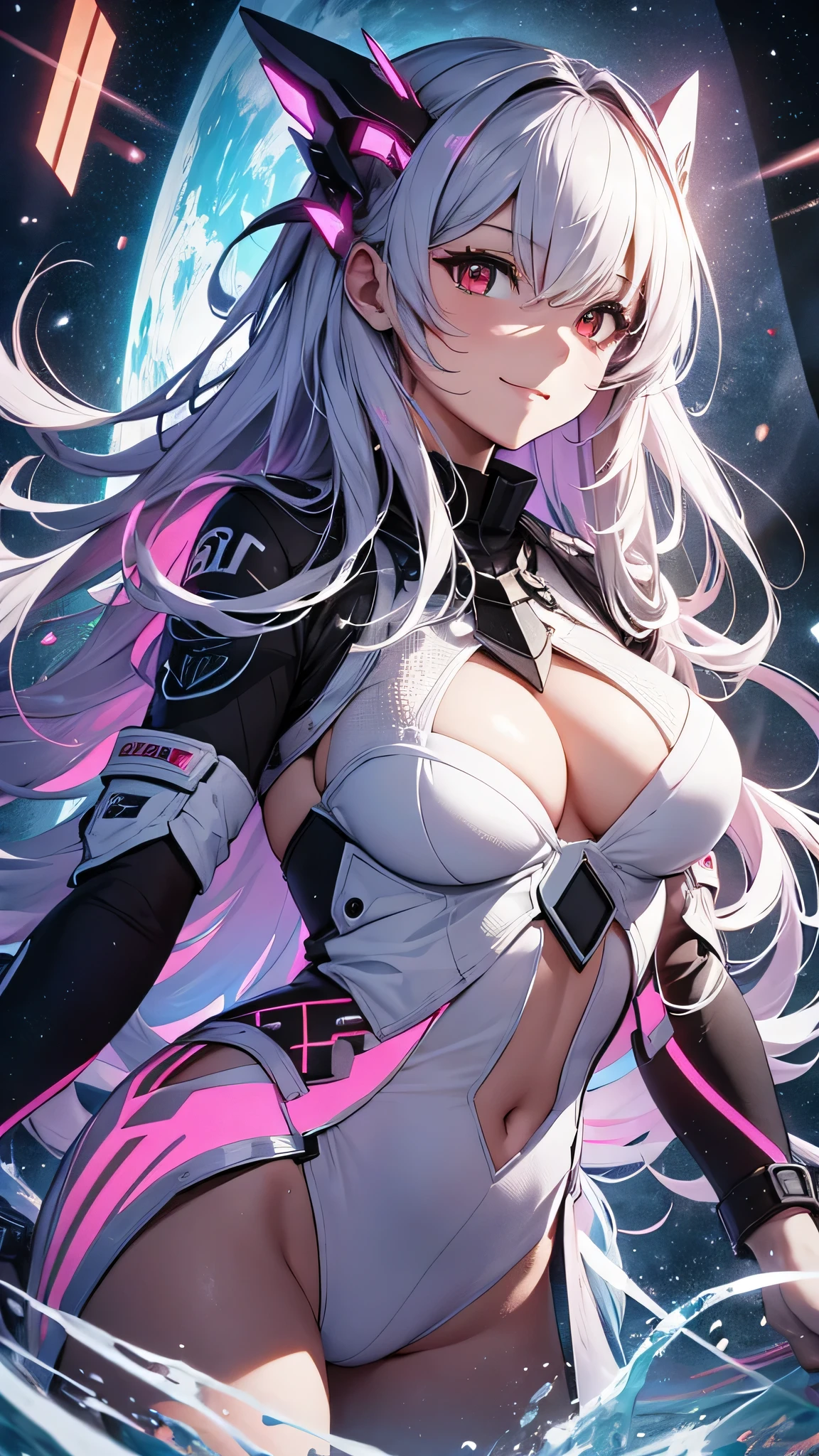 最high quality、Best image quality、masterpiece、girl((18-year-old、 By becoming、Best Bust、Medium Bust,Wide open breast tea、Red glowing eyes,Silver Hair、Disheveled Hair、Long Hair、thin,The highest valley、Open chest、White wristband、smile、hair ornamentany accessories、Black space suit、red body line、Angle from directly above、Disheveled clothing、Show the whole body,Floating State、Excited face)),high quality、Beautiful art、background((Institute for Space Research))、Flight、Flying debris、Written boundary depth、movie、Visual Arts、Perfect art、8K,Genuine、depth((Earth))