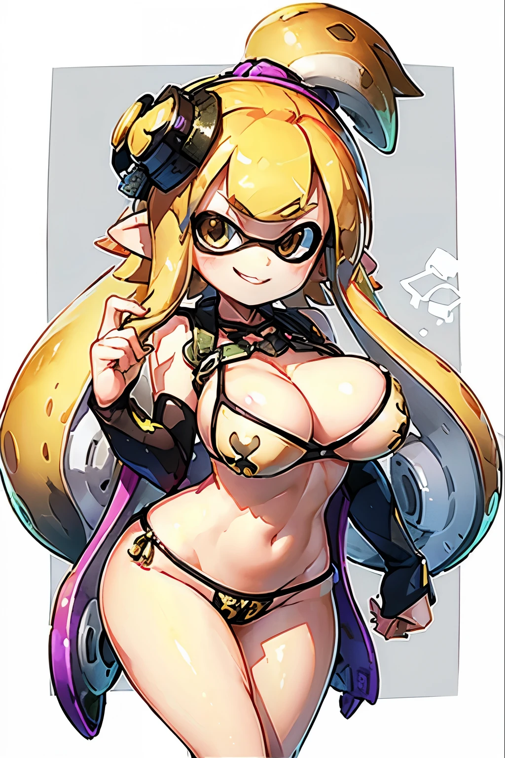 splatoon girl 、Big Breasts、Golden tentacle hair、Poses that accentuate the chest、Sexy dynamic pose、smile、