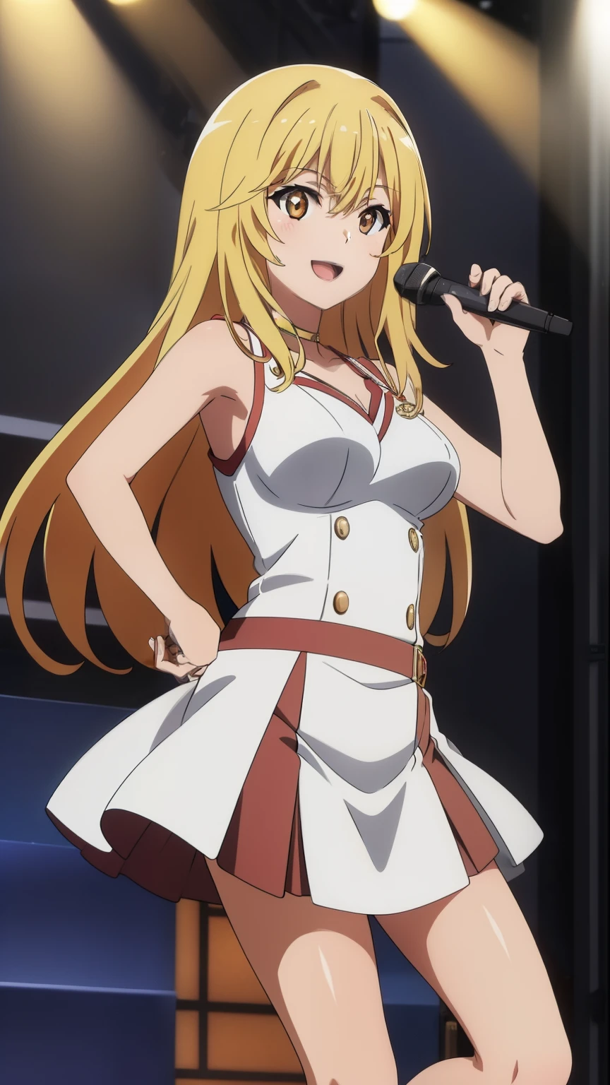 (Top Quality, High Resolution, 8k, Masterpiece: 1.2), Highly Detailed, Anime Art Style, Misaki Shokuhou, Smile, Blonde, Long Hair, Large Medium Breasts, (Idol costume, microphone, singing, stage), looking at camera, stylish pose, stylish angle, staring camera focuses on the center of the image,