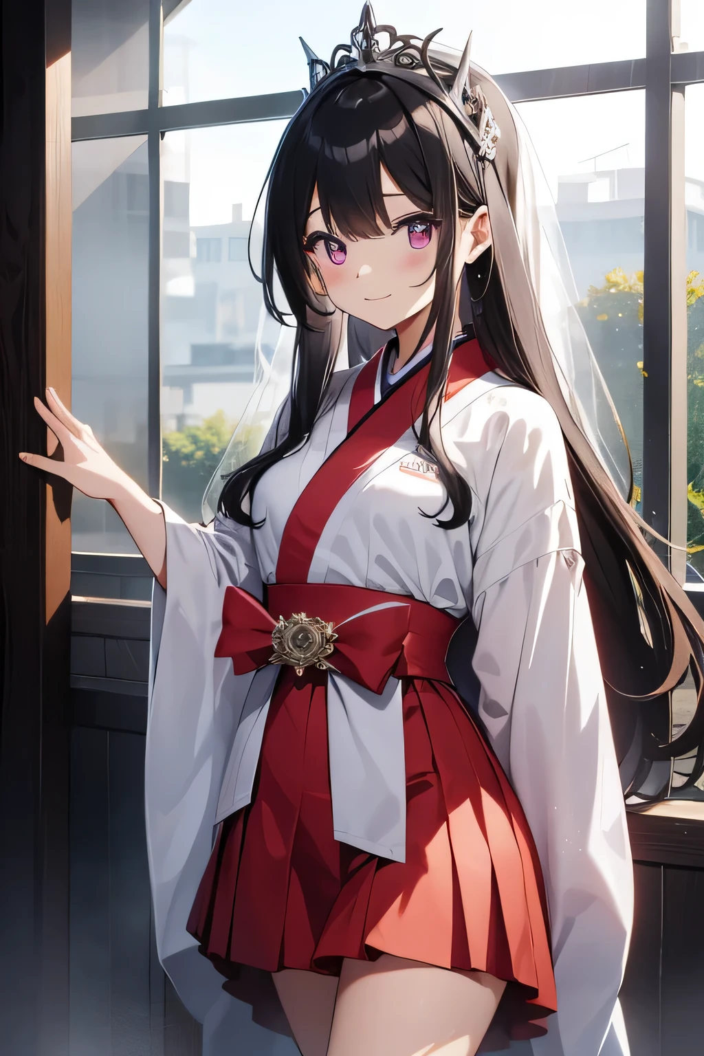 highest quality、Highest quality、Beautiful eyes、Very delicate and beautiful、Beautiful eyes、Pink Eyes、Soio、Soio、11-year-old girl、Japanese、、Chiquita、Noble、Primary school students、Black Hair、barefoot、（Professional Wrestling Costumes）、（red headband）、（High leg）、Tiara on head、smile、Standing, facing forward、The background is professional wrestling