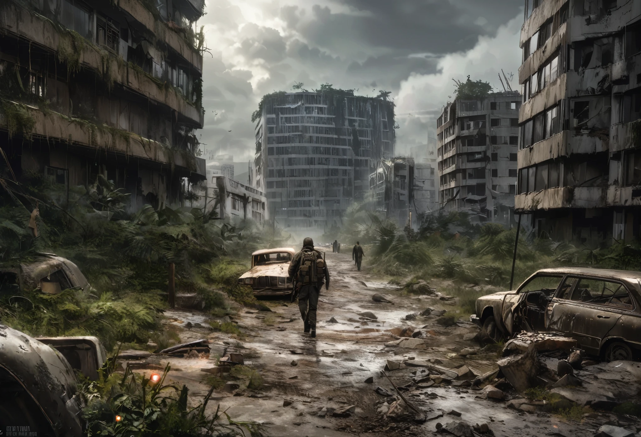 use the dark fantasy style, a city destroyed by war and bombing, 6 centuries have passed since the apocalypse, the main road, on the sides of destroyed buildings that can hardly be recognized. everything is overgrown with trees and grass, the whole road is clogged with abandoned cars, in the center of which stands an old overgrown tank, on which sits a lone knight in medieval armor