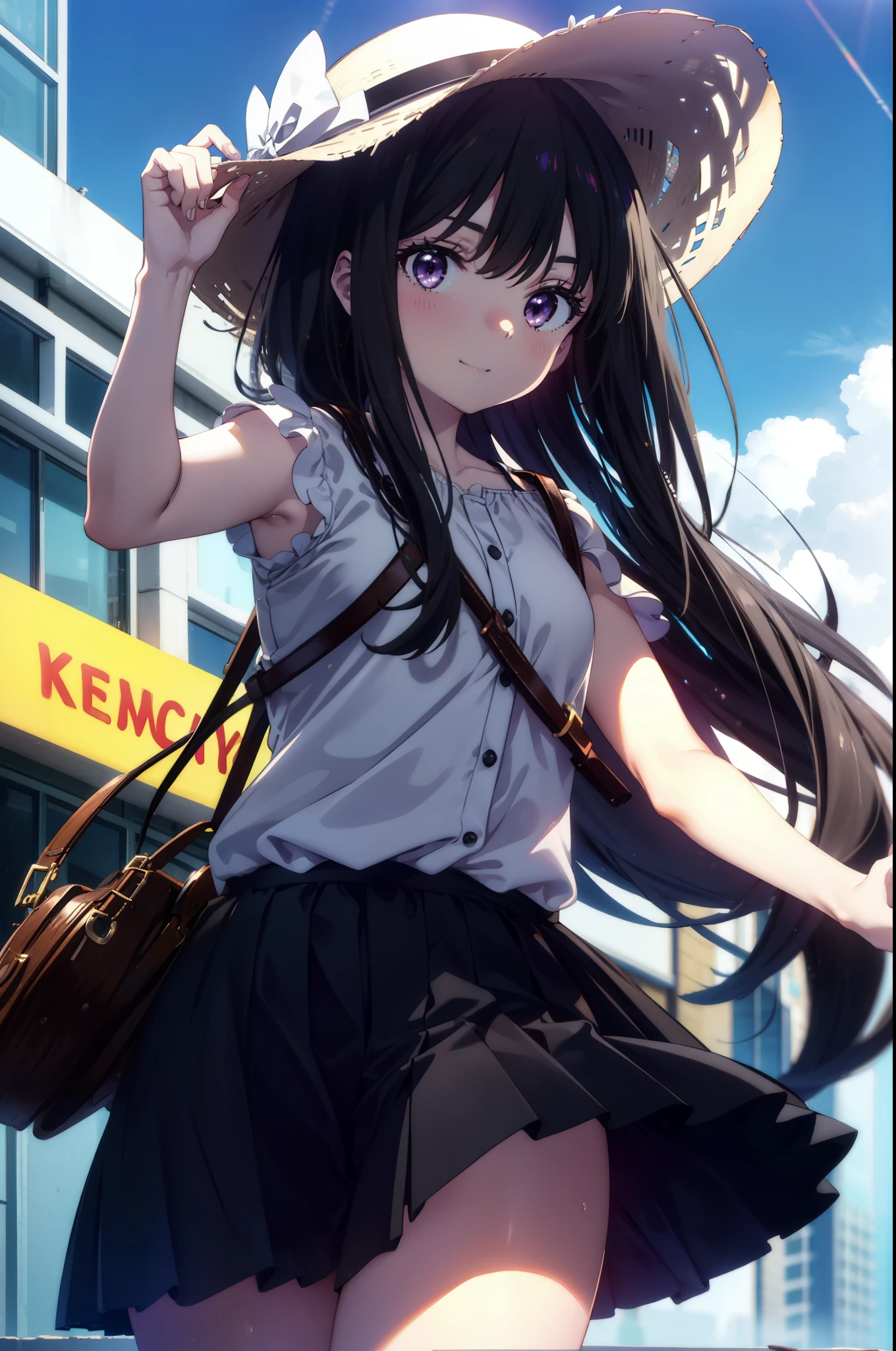 Takiuchi, Inoue Check, Long Hair, bangs, Black Hair, (Purple eyes:1.2),happy smile, smile, Open your mouth,smile,blush,Blue long skirt one-piece dress,No sleeve,Bare arms,Rocket Pendant,Cute Sandals,White hat,True Summer,Clear skies,So that the whole body goes into the illustration,
break outdoors, Coastal Road,City Street,
break looking at viewer, (Cowboy Shot:1.5),
break (masterpiece:1.2), highest quality, High resolution, unity 8k wallpaper, (figure:0.8), (Beautiful fine details:1.6), Highly detailed face, Perfect lighting, Highly detailed CG, (Perfect hands, Perfect Anatomy),