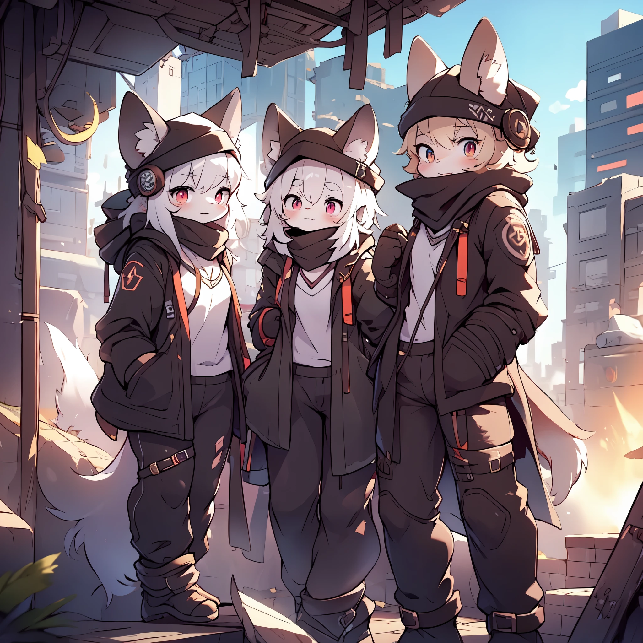 Kawaii, Striped Fluffy Fox, emaciated, long hair, 3girls, artificial synthetic skin, life support prosthetics, digital headphones, black tight latex bodysuit, white long dress, thigh-high-socks, shorts, loose off-the-shoulder hood open jacket, holsters in thigh, Mechanical boots, tactical knee pads, tactical belted loose Arm Sleeves, division, cybernetic Display gloves, chest rigs, tactical belts, blue archive halo, bulletproof goggles on forehead, from Ark nights,