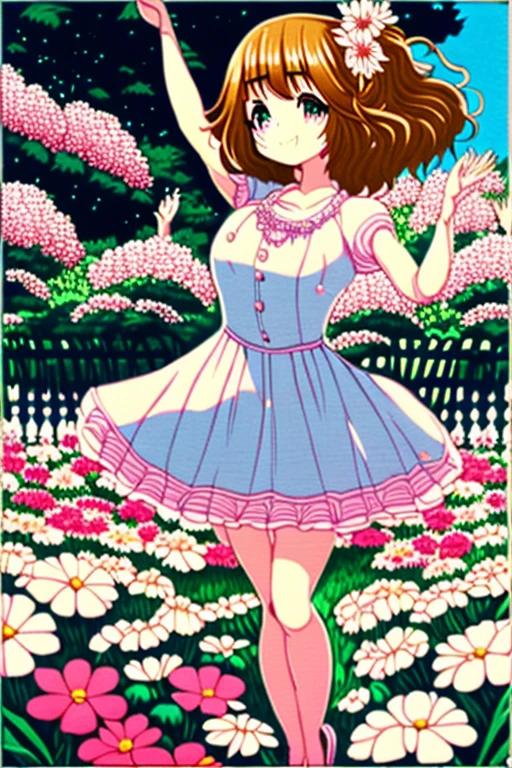 In the garden full of flowers, Under the sunlight, Girls in floral dresses are dancing