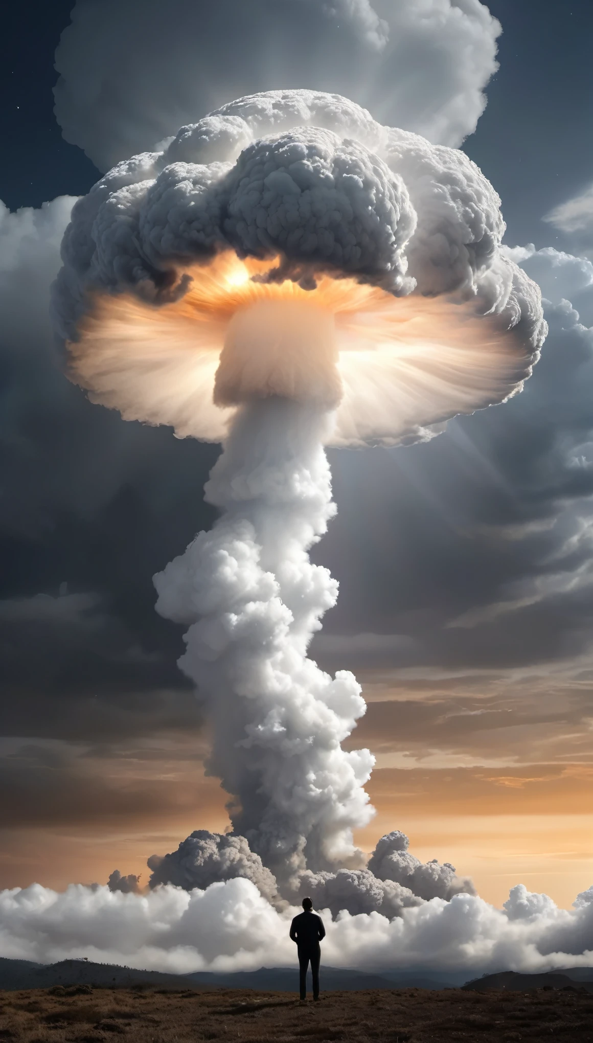 A giant hand crushed the mushroom cloud of the atomic bomb, shattering it into nothingness,As the cloud-like giant hand descended gracefully, it grasped the mushroom cloud that had erupted violently into the sky. The world seemed to hold its breath at that moment,The fingers of the hand, each shaped like a delicate cloud, closed slowly but firmly. The air around seemed to solidify, with only the low rumble of wind audible,The mushroom cloud, once wild and unpredictable, appeared tiny in the palm of the hand. Its gray and white swirls were tamed by an invisible force, flattened and contained,However, beneath this apparent calm lay a powerful energy struggling to break free. Tiny lights began to escape through the gaps between the fingers, like trapped stars twinkling with a weak but determined glow. They danced and flickered in the air, engaging in a silent battle with the hand's might,For a moment, the sky and the earth seemed to merge, with the cloud-like hand and the mushroom cloud creating a breathtaking spectacle. People held their breath, staring in awe and curiosity.