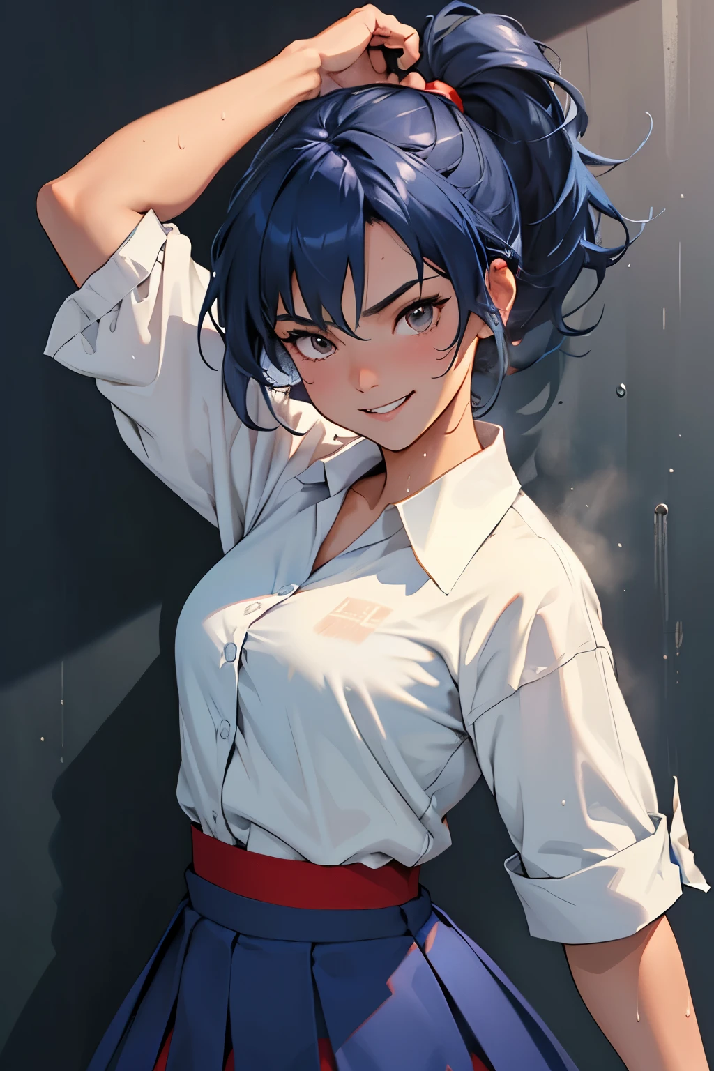 (High-definition CG Unity 8k wallpaper), (masterpiece), (highest quality), (ultra-definition), (best illustration), (best shadow), 20 years old, energetic, sweat, steam, staring, girl, ponytail, Navy blue hair, white blouse, red skirt, cheering, fist pump, smile, looking at the viewer,