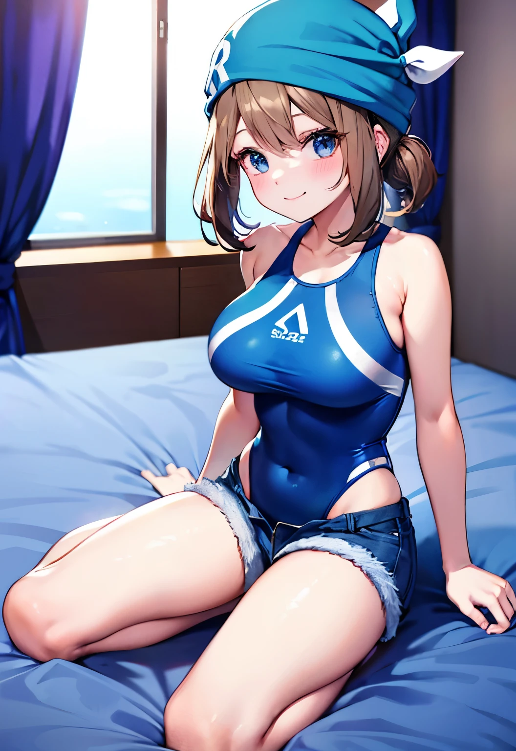 Brown hair，blue eyes，short hair，Double tail，Blue turban，Blue competition swimsuit，Happy【Pokemon】blush，Smile，Large Breasts，Denim shorts，Bedroom background