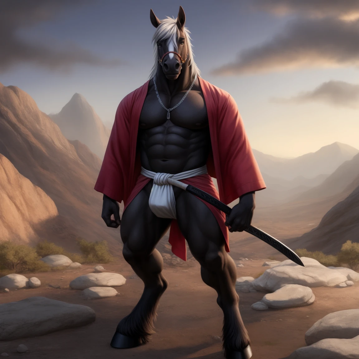 Furry, Antro, Agresivo, [Horse color Gris Plateado Brillante metal] , Half side pose , [Fundoshi Bulto Male Big], [Fundoshi Blanco ajustado], Solo, Clothes kimono japones Masculino, [Bulto Male Big], Hooves , Big Balls, Detallado 4k, cuerpo completo, cuerpo furry silver dark, Fonde de Desierto con Eclipse solar Total, Eyes Pupil Marron, Alta resolucion, silver Hair, Katana Japonesa