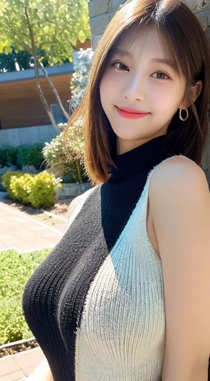 Tabletop、highest quality、figure、 Ultra-detailed、High resolution、8k wallpaper、Perfect dynamic composition,、Beautifully detailed ideal hair、(Beautiful big breasts:1.3)、Natural color lip、Bold sexy pose、smile、Harajuku、20-year-old girl、cute、sexy shot looking at camera、(highest quality: 1.3), (masterpiece: 1.3), (Super Detail: 1.3), (wallpaper, One Girl: 1.1)、(Detailed hands and fingers:1.2)、(Ultra-oily, lustrous skin with attention to detail:1.1)、Oily shiny knee socks、(Perfect beautiful black sleeveless high neck knit top:1.4)、Denim shorts、brown hair、short hair、Swinging Hair、Beautiful sister、(garden:1.2)、(Beautiful big breasts:1.2) 、((Sleep on your back)),Raise your arms