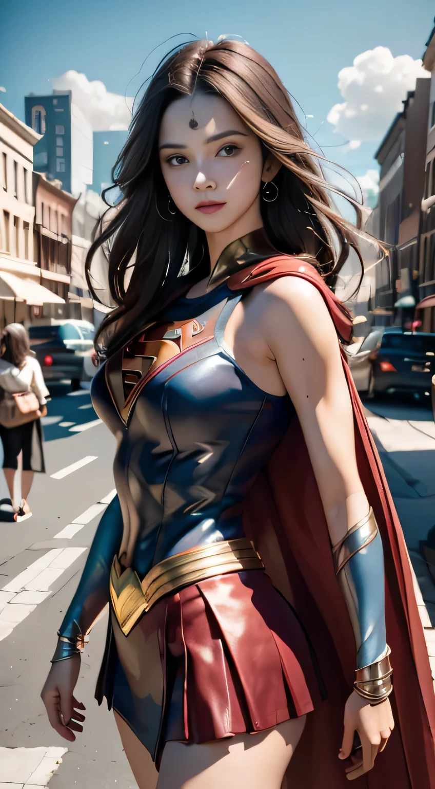 Arav woman in superhero costume standing on city street, Super Girl, Hero pose colorful city lights, gal gadot as Super Girl, emma watson as Super Girl, close up, anime visual of Super Girl, sydney sweeney, Corey Chase plays the Atlanteans, Maika Monroe Batgirl, 8K Artgerm bokeh, betty cooper, No characters, Ultra-high resolution，Black Hair, Hair shaking, victory, Long eyelashes, Solid round eye, A faint smile, ears red, direction, Surrealism, shadow, Relief, Stereogram, Standing picture, View, Atmospheric perspective, 8k, Super Detail, precise, best quality