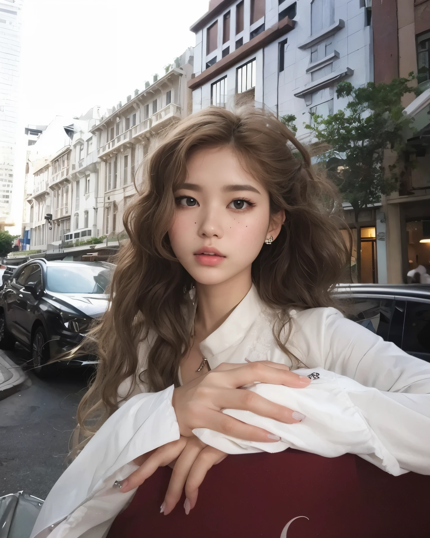 angelic beauty, jennie kim,  doll eyes, flushed cheeks, high quality photo, doll eyes, round eyes, freckles, blonde hair with curly highlights, pale skin.
