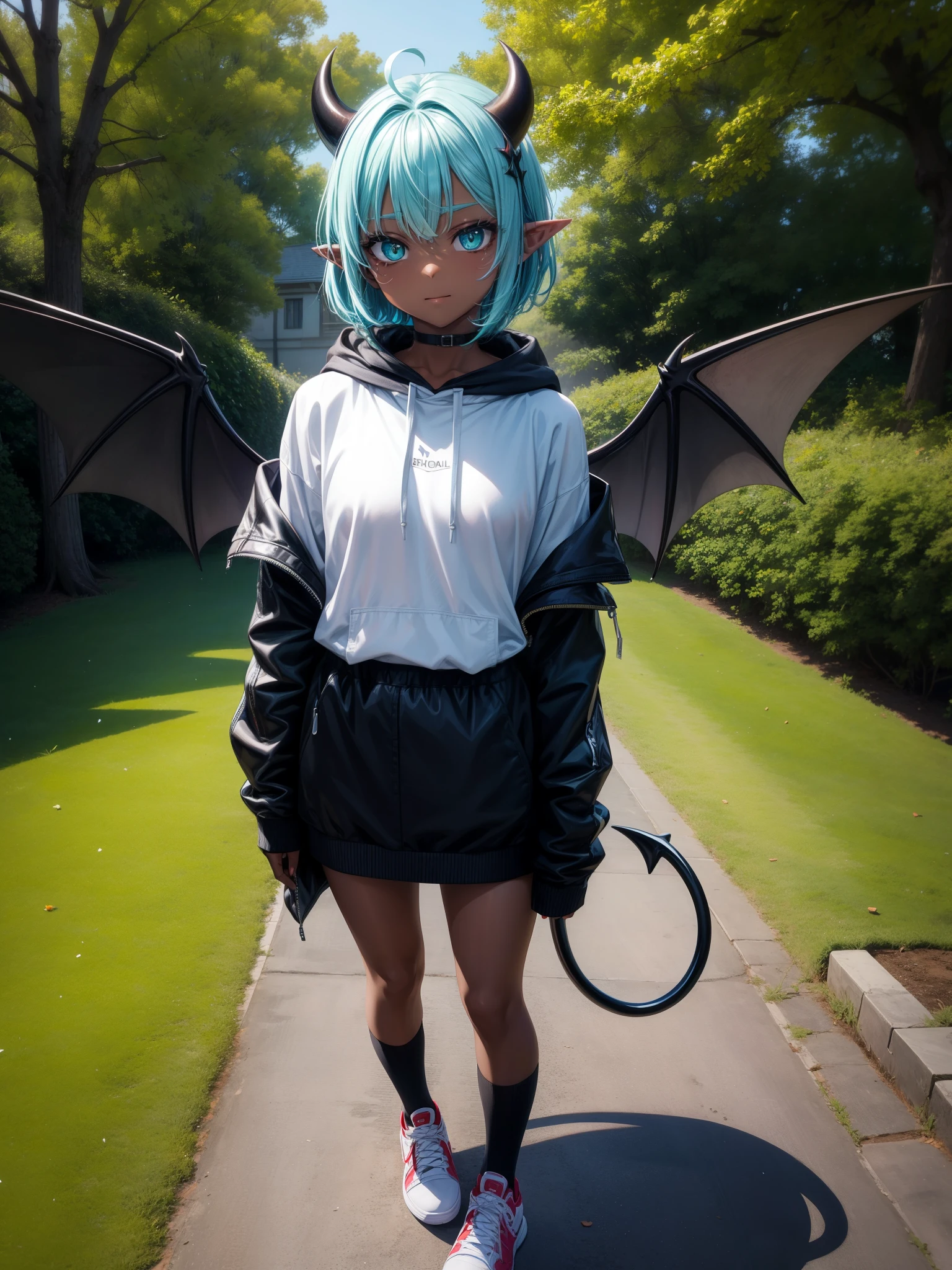 score_9、score_8_up、score_7_up、sauce_anime、BREAK Outdoor、nature、 、Devil horns、Dark-skinned woman、short hair、Aqua Hair、Devil Girl、1 girl、Face mark、solo、Colored sclera、black sclera、Pointy Ears、Devil&#39;s Wings、Green Eyes、Slit pupils、Devil&#39;s Tail、Black knee socks、hoodie、cut off、Standing posture、whole body、Hands on hips、smug face、sneakers、 Little、April Fool