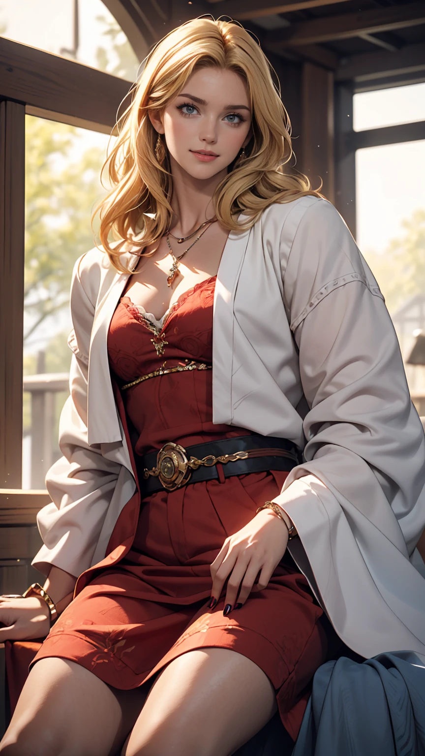 ((最high quality, 8K, masterpiece: 1.3, Ultra HD, high quality, 最high quality, High resolution, realism)) 、A 22-year-old extremely beautiful white woman、Slender but well-proportioned body、Hair color blonde、blue eyeedium Hair、Straight Hair、smile、Background blur((depth of field))、Aerial perspective((atmospheric perspective))、I want my head to stay off screen、Put an anklet on your ankle、Wearing red nail polish、I have a peticure、Slender but well-proportioned body、D'Artagnan from The Three Musketeers