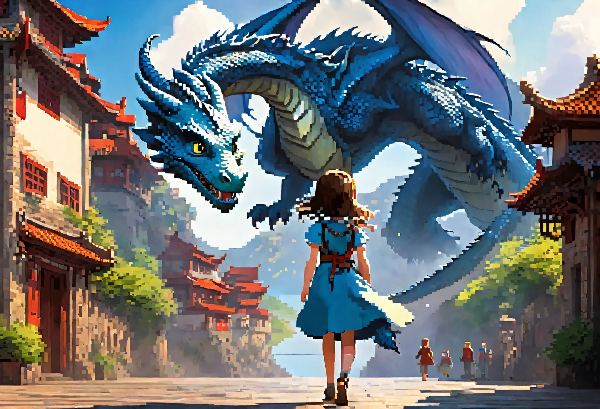 movie poster, highres, top quality, best quality, paid reward available, unparalleled masterpiece, perfect artwork, absurdres, High-quality illustrations, super high resolution, detailed background, perfect anatomy(1girl, dress skirt, large gragon, hugs)((movie of a Dragon and human girl))blue sky, smile, smile, happy, joyful, cinematic lighting, subtitles, English text,