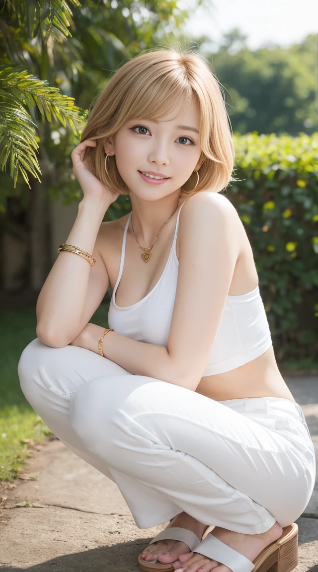 debris flies、highest quality、An illustration、super fine、got it、High resolution、8k wallpaper、perfect dynamic composition、(((Full body Esbian)))、((from below))、27 year old beautiful adult woman、detailed beautiful face、delicate and cute eyes、fine-textured skin、My cheeks turned red、shy、(semi short hair:1.3)、(wavy blonde hair)、small breasts、bold sexy pose、smile、small breasts、between the legs、small ass、thin butt、Please generate at the eaves.、thin shoulders、wavy blonde hair、blonde、、Golden Thin Necklace、heart shaped earrings、smile、、gold bracelet、at the amusement park、White see-through tank top、Wear a long white skirt、No bra、I can see that the nipples are erect.、So that the whole body can be seen、branded sandals、Below-the-knee skirt、