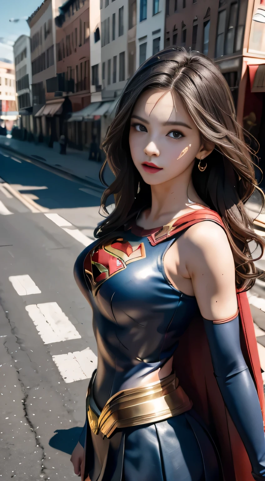 Arav woman in superhero costume standing on city street, Super Girl, Hero pose colorful city lights, gal gadot as Super Girl, emma watson as Super Girl, close up, anime visual of Super Girl, sydney sweeney, Corey Chase plays the Atlanteans, Maika Monroe Batgirl, 8K Artgerm bokeh, betty cooper, No characters, Ultra-high resolution，Black Hair, Hair shaking, victory, Long eyelashes, Solid round eye, A faint smile, ears red, direction, Surrealism, shadow, Relief, Stereogram, Standing picture, View, Atmospheric perspective, 8k, Super Detail, precise, best quality