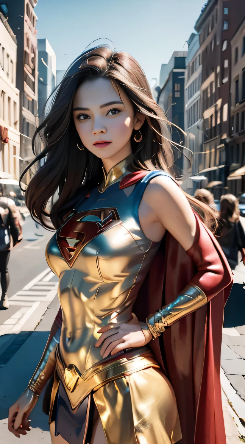 Arav woman in superhero costume standing on city street, Super Girl, Hero pose colorful city lights, gal gadot as Super Girl, emma watson as Super Girl, close up, anime visual of Super Girl, sydney sweeney, Corey Chase plays the Atlanteans, Maika Monroe Batgirl, 8K Artgerm bokeh, betty cooper, No characters, Ultra-high resolution，Black Hair, Hair shaking, victory, Long eyelashes, Solid round eye, A faint smile, ears red, direction, Surrealism, shadow, Relief, Stereogram, Standing picture, View, Atmospheric perspective, 8k, Super Detail, precise, best quality